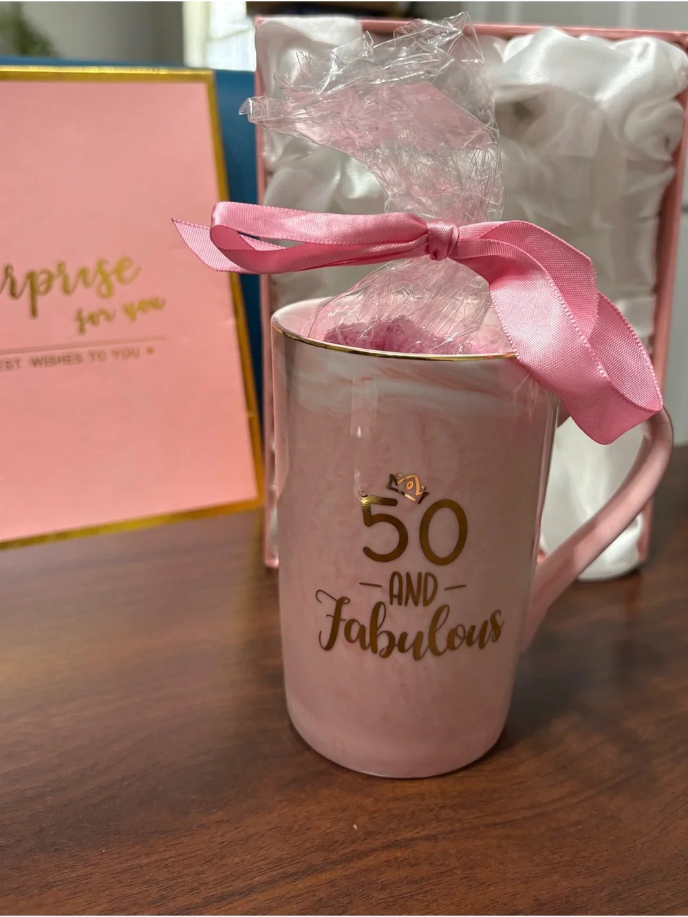 50th Birthday Gift Set for Women - 50 and Fabulous Pink Marble Mug Set in Box